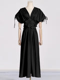 Woochic robe longue col en V fleurie à lacets plissé couture noir S