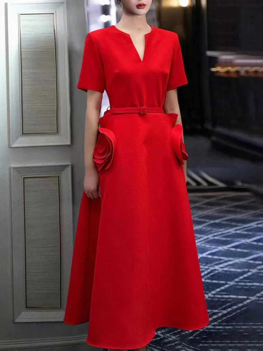 Woochic robe longue col en V trapèze à volants couture taille haute rose 1 S