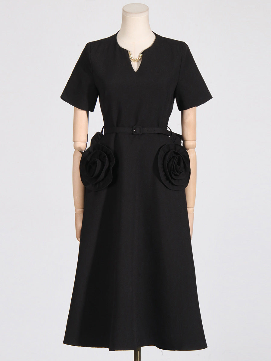 Woochic robe longue col en V trapèze à volants couture taille haute noir S