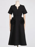 Woochic robe longue col en V trapèze à volants couture taille haute noir S