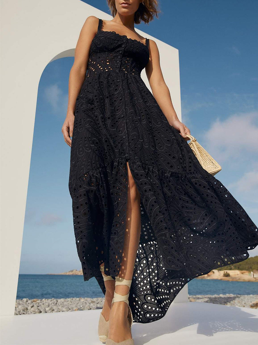 Woochic robe longue découpée bretelles fendue encolure carrée noir S