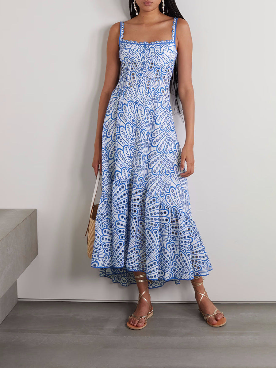Woochic robe longue découpée bretelles fendue encolure carrée bleu S