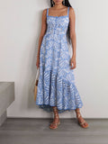 Woochic robe longue découpée bretelles fendue encolure carrée bleu S
