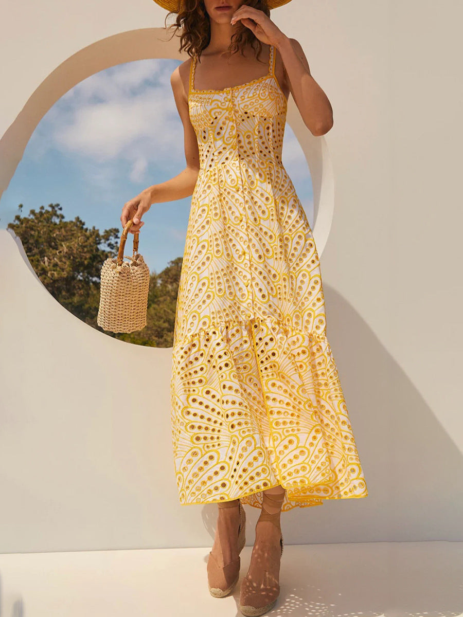 Woochic robe longue découpée bretelles fendue encolure carrée jaune S