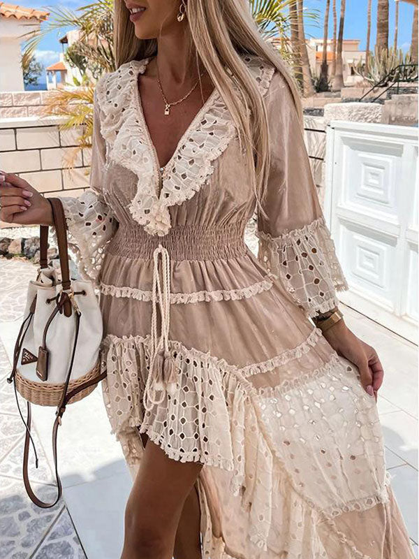 Woochic robe longue dentelle court devant longue derriere v-cou manches 3/4 bohème plage