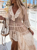 Woochic robe longue dentelle court devant longue derriere v-cou manches 3/4 bohème plage