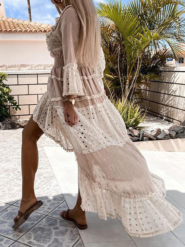 Woochic robe longue dentelle court devant longue derriere v-cou manches 3/4 bohème plage