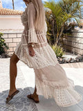 Woochic robe longue dentelle court devant longue derriere v-cou manches 3/4 bohème plage