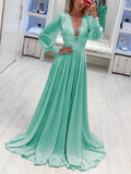 Woochic robe longue dentelle mousseline à volantée décolleté plongeant manches bishop élégant Vert S