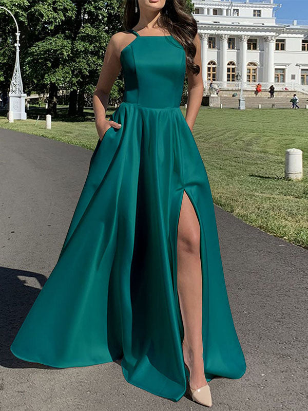 Woochic robe longue en stain à fines brides fendu le côté dos nu sans manches élégant de soirée Vert S