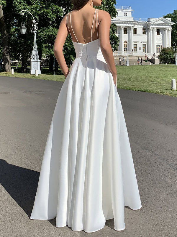 Woochic robe longue en stain à fines brides fendu le côté dos nu sans manches élégant de soirée