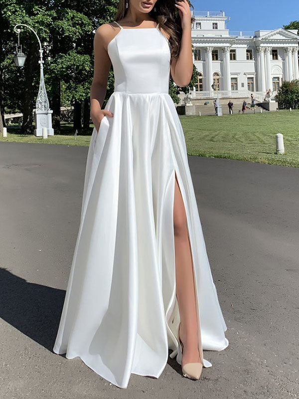 Woochic robe longue en stain à fines brides fendu le côté dos nu sans manches élégant de soirée