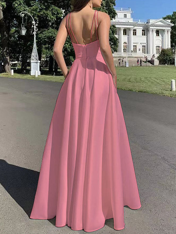 Woochic robe longue en stain à fines brides fendu le côté dos nu sans manches élégant de soirée