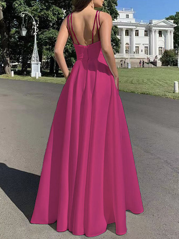 Woochic robe longue en stain à fines brides fendu le côté dos nu sans manches élégant de soirée