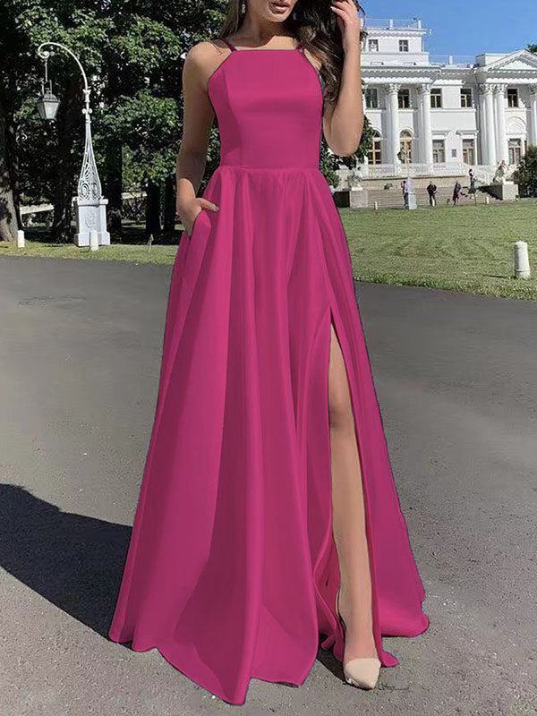 Woochic robe longue en stain à fines brides fendu le côté dos nu sans manches élégant de soirée Rose framboise S
