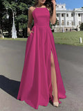 Woochic robe longue en stain à fines brides fendu le côté dos nu sans manches élégant de soirée Rose framboise S