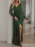 Woochic robe longue fendu le côté brillante paillette ceinture v-cou manches longues élégant de soirée pour mariage Vert S