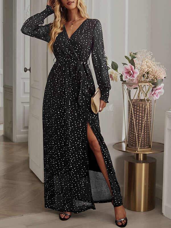 Woochic robe longue fendu le côté brillante paillette ceinture v-cou manches longues élégant de soirée pour mariage