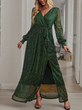 Woochic robe longue fendu le côté brillante paillette ceinture v-cou manches longues élégant de soirée pour mariage
