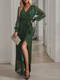 Woochic robe longue fendu le côté brillante paillette ceinture v-cou manches longues élégant de soirée pour mariage