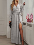 Woochic robe longue fendu le côté brillante paillette ceinture v-cou manches longues élégant de soirée pour mariage