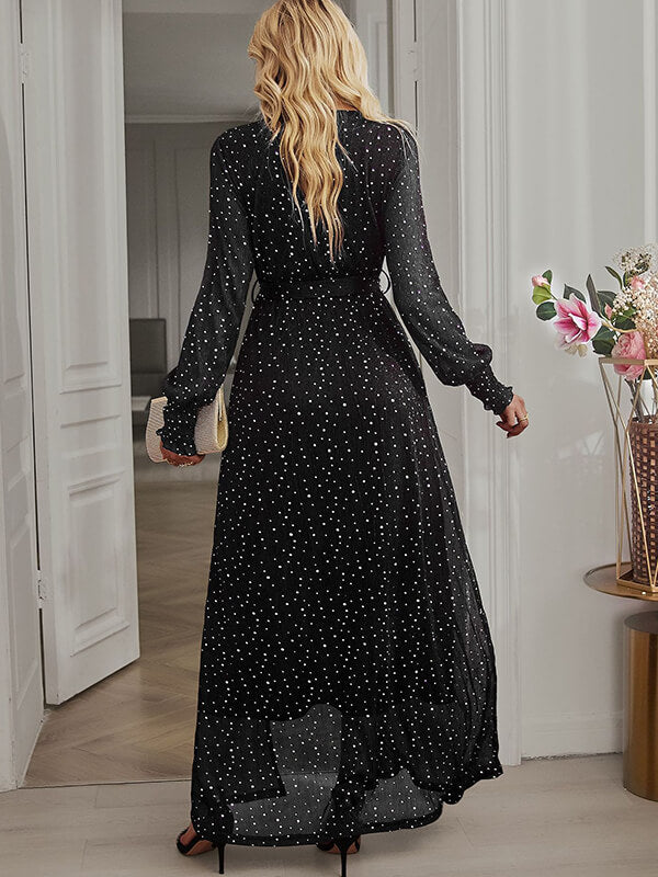 Woochic robe longue fendu le côté brillante paillette ceinture v-cou manches longues élégant de soirée pour mariage
