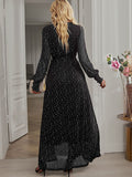 Woochic robe longue fendu le côté brillante paillette ceinture v-cou manches longues élégant de soirée pour mariage