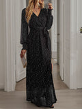 Woochic robe longue fendu le côté brillante paillette ceinture v-cou manches longues élégant de soirée pour mariage Noir S