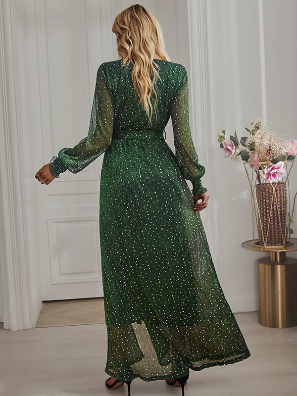Woochic robe longue fendu le côté brillante paillette ceinture v-cou manches longues élégant de soirée pour mariage