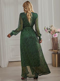 Woochic robe longue fendu le côté brillante paillette ceinture v-cou manches longues élégant de soirée pour mariage
