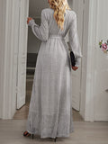 Woochic robe longue fendu le côté brillante paillette ceinture v-cou manches longues élégant de soirée pour mariage