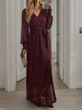 Woochic robe longue fendu le côté brillante paillette ceinture v-cou manches longues élégant de soirée pour mariage