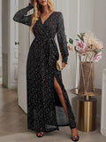 Woochic robe longue fendu le côté brillante paillette ceinture v-cou manches longues élégant de soirée pour mariage