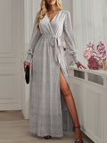 Woochic robe longue fendu le côté brillante paillette ceinture v-cou manches longues élégant de soirée pour mariage Argent S