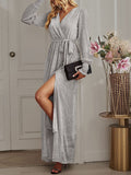 Woochic robe longue fendu le côté brillante paillette ceinture v-cou manches longues élégant de soirée pour mariage