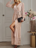 Woochic robe longue fendu le côté brillante paillette ceinture v-cou manches longues élégant de soirée pour mariage