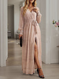 Woochic robe longue fendu le côté brillante paillette ceinture v-cou manches longues élégant de soirée pour mariage