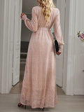 Woochic robe longue fendu le côté brillante paillette ceinture v-cou manches longues élégant de soirée pour mariage