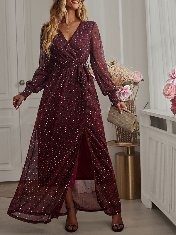 Woochic robe longue fendu le côté brillante paillette ceinture v-cou manches longues élégant de soirée pour mariage Bordeaux S