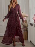 Woochic robe longue fendu le côté brillante paillette ceinture v-cou manches longues élégant de soirée pour mariage Bordeaux S