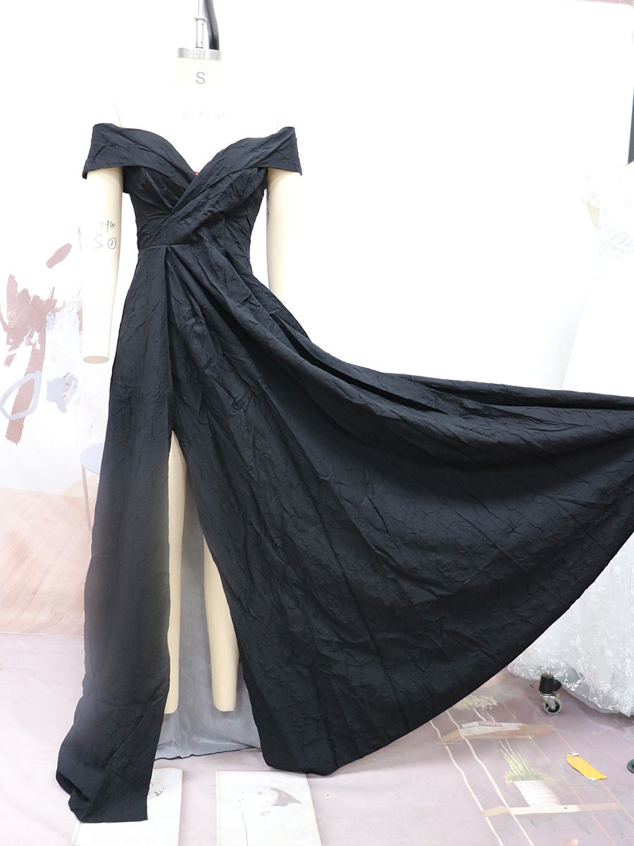 Woochic robe longue fendu le côté dos nu col bateau élégant de soirée promo Noir S