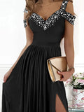 Woochic robe longue fendu le côté fluide avce strass v-cou élégant bal de promo