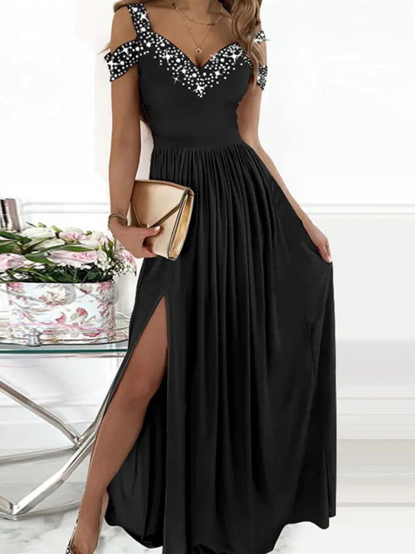 Woochic robe longue fendu le côté fluide avce strass v-cou élégant bal de promo