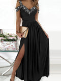 Woochic robe longue fendu le côté fluide avce strass v-cou élégant bal de promo