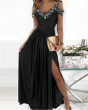 Woochic robe longue fendu le côté fluide avce strass v-cou élégant bal de promo Noir S