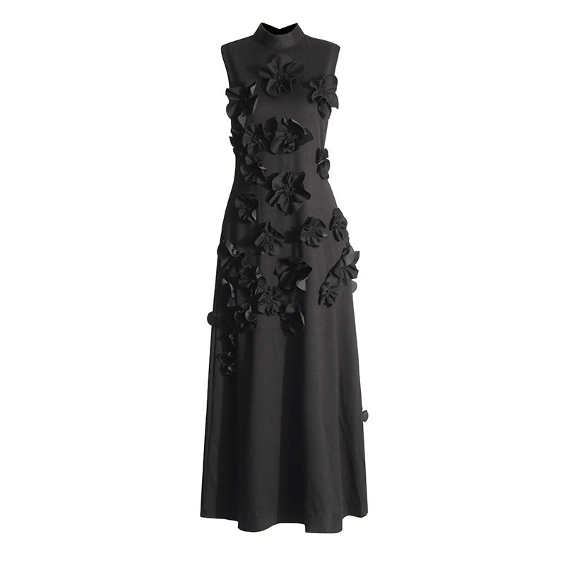 Woochic robe longue fleur tridimensionnelle sans manches à col montant couture trapèze noir S