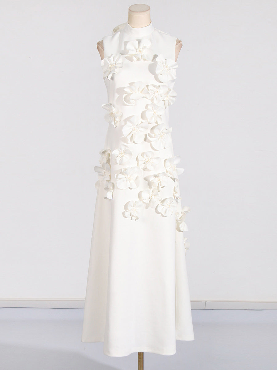 Woochic robe longue fleur tridimensionnelle sans manches à col montant couture trapèze blanc S