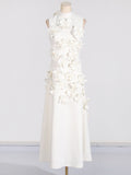 Woochic robe longue fleur tridimensionnelle sans manches à col montant couture trapèze blanc S