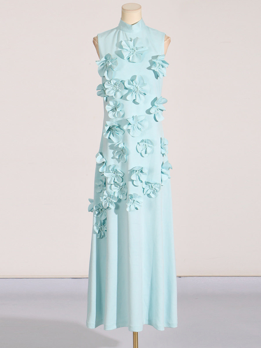 Woochic robe longue fleur tridimensionnelle sans manches à col montant couture trapèze vert 1 S