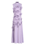 Woochic robe longue fleur tridimensionnelle sans manches à col montant couture trapèze violet S